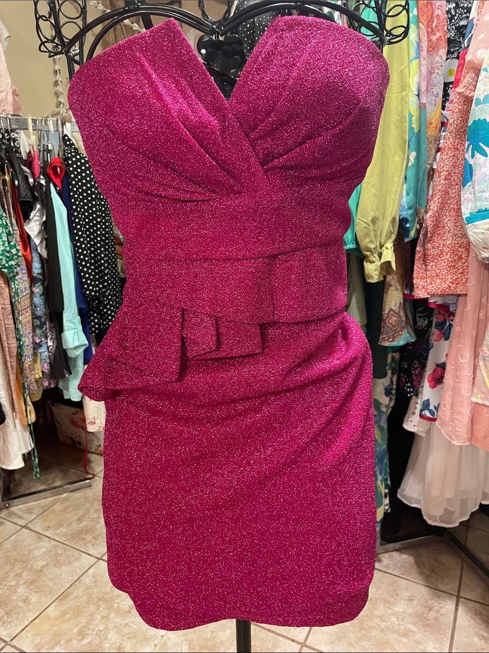 Daisy Strapless Glitter Sheath Dress in Hot Pink
